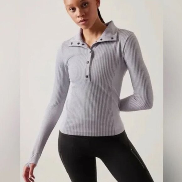 Athleta | Flurry Seamless Henley Top Striped Gray w/ Snap Buttons | Size Small - Picture 1 of 7